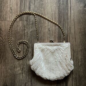 Elegant Cream Beaded Clutch with Gold Chain